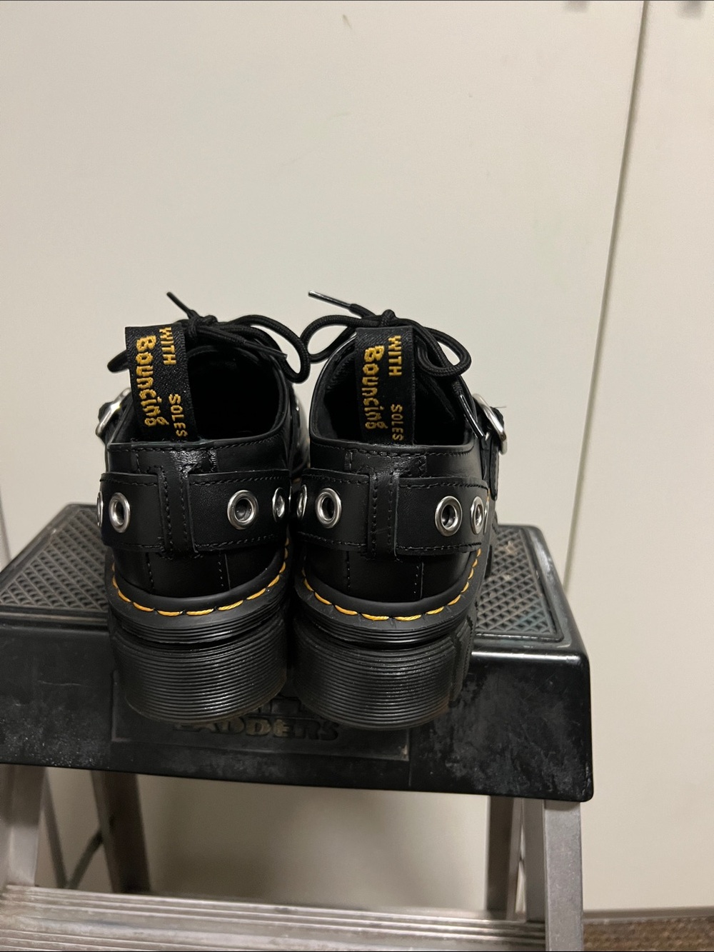 Dr. Martens Black Leather Lug-Sole Mary Jane Shoes with Yellow Stitching - Picture 3 of 7